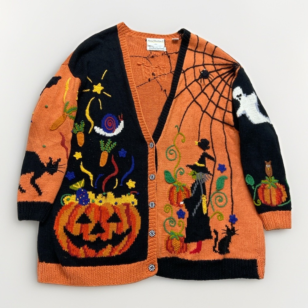 Vintage Marisa Christina II Halloween Cardigan Womens 2XL Sweater Pumpkin Witch